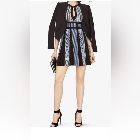 BCBG MAXAZRIA women fit flare dress PERLA print Bleu event luxury office 06 boho - Picture 1 of 11